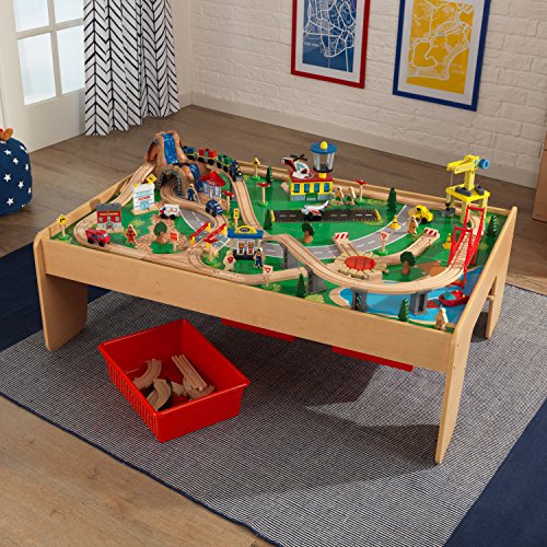 KidKraft- Juguete de vías de tren y mesa con cascada y montaña, de madera, para niños, juego clásico de actividades ferroviarias con accesorios incluidos (120 piezas) , Color Multicolor (17850)