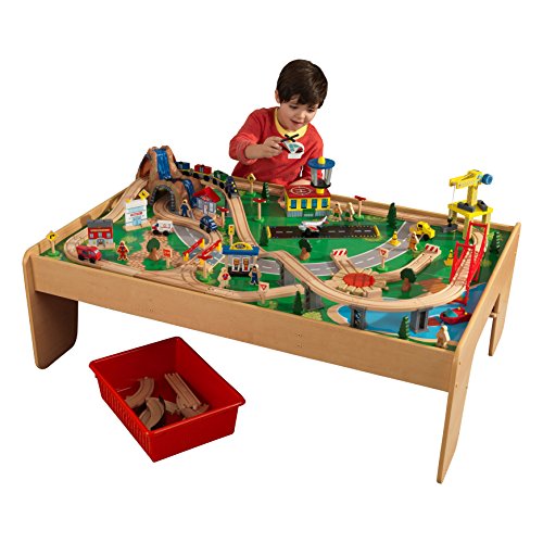 KidKraft- Juguete de vías de tren y mesa con cascada y montaña, de madera, para niños, juego clásico de actividades ferroviarias con accesorios incluidos (120 piezas) , Color Multicolor (17850)