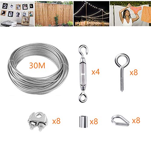 Kit de Cuerda de Acero Inoxidable, Kit de Luces para Exteriores, Kit de Suspensión de Cuerda, Cable de Cable de 30m recubierto de PVC, Kit de Rollo de Alambre de Jardín/Alambre de Imagen