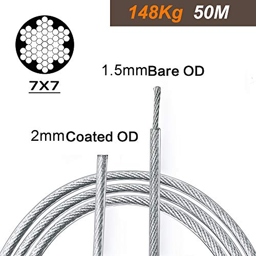 Kit de Cuerda de Acero Inoxidable, Kit de Luces para Exteriores, Kit de Suspensión de Cuerda, Cable de Cable de 50m con Tensor y Ganchos, Cable de Acero Galvanizado, Cable de Guía de Luz de Cadena