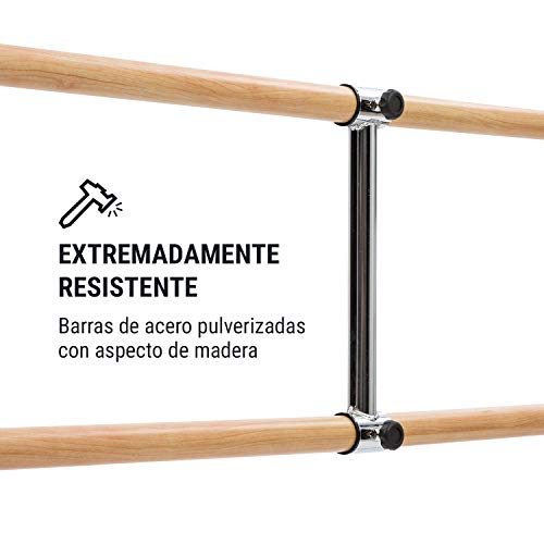 Klarfit Barre Marie Black Edition - Barra de Ballet Doble, 220 x 113 cm, Diámetro 38 mm, Material Acero con Aspecto de Madera, Ideal Entrenamiento de Ballet y de Danza o Realizar estiramientos, Negro