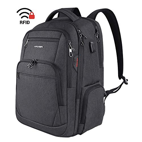 KROSER 17.3" Mochila de Viaje para Portátil Mochila Grande para Computadora Hidrófugo Mochila Escolar con Interfaz de Auriculares Bolsillos RFID para Trabajo/Negocio/Universidad/Hombres/Mujeres