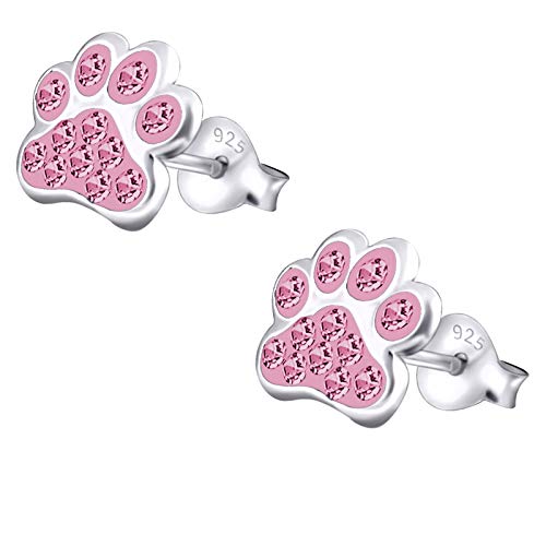 Laimons Kids Pendientes para niña Huella de perro Rosa Brillante Plata de ley 925