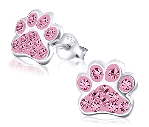 Laimons Kids Pendientes para niña Huella de perro Rosa Brillante Plata de ley 925