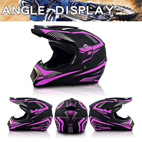 LEENP Casco de Motocross Niños Niñas Casco de Cross de Moto Set con Gafas Máscara Guantes, Moto Sport Off-Road Enduro Downhill Casco Integral ATV MTB BMX Quad Cascos de Motocicleta,Black*Purple,S