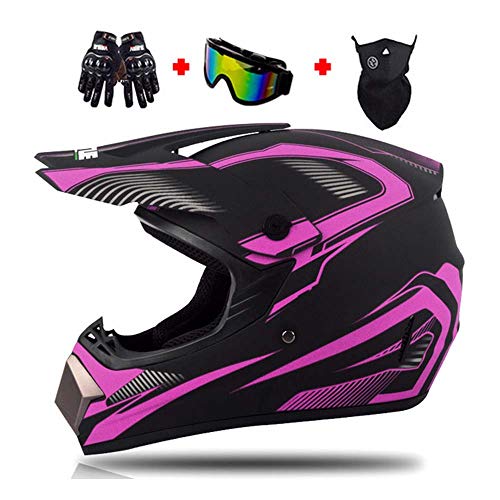 LEENP Casco de Motocross Niños Niñas Casco de Cross de Moto Set con Gafas Máscara Guantes, Moto Sport Off-Road Enduro Downhill Casco Integral ATV MTB BMX Quad Cascos de Motocicleta,Black*Purple,S