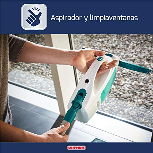 Leifheit Set Aspirador Limpiacristales Dry & Clean con Palo y Limpiaventanas para Una Limpieza 360º sin Marcas, Aspiradora Vertical con 35 min de Autonomía, Multicolor