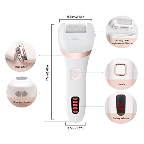 Lima Eléctrica Pedicura Eléctrico Lima Pies Profesional Recargable Wolady IPX7 Impermeable Eliminar Callos Pies Durezas Pedicura Pies Cuidado Lima 3 Recambios 5 Niveles Batería 1200MAH 2 Velocidades