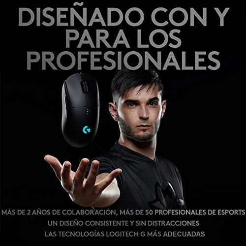 Logitech G Pro Ratón Gaming Inalámbrico, Sensor Hero 16K, 16,000 dpi, RGB, Peso Reducido, 4 hasta 8 Botones Programables, Batería Larga Duración, Memoria Integrada, PC/Mac - Negro