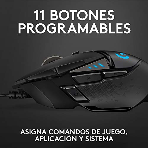 Logitech G502 HERO Ratón Gaming con Cable Alto Rendimiento, Sensor HERO 16K, 16 000 DPI, RGB, Peso Personalizable, 11 Botones Programables, Memoria Integrada, PC /Mac - Negro