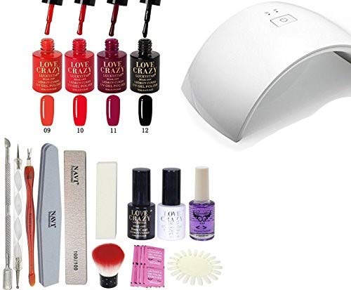 LoveCrazy 4pcs Kit De Colores 9-12 en Gel Manicura Semipermanente + TopCoat y Base Coat UV LED Manicura Arte + Lámpara Secador 9C de Uñas UV/LED + Removedores + Lima + otros productos (9C KIT 9-12)