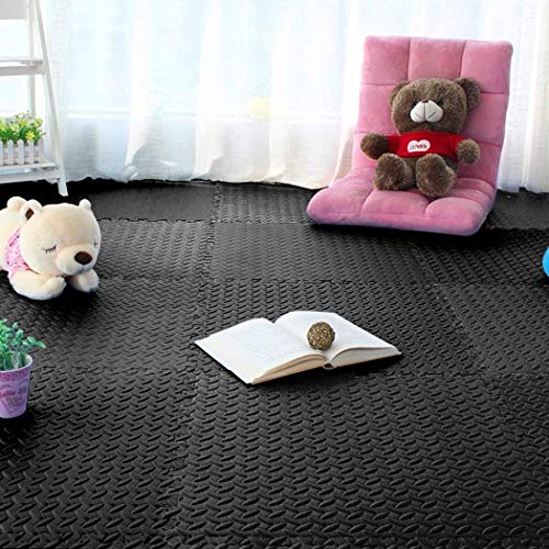 LUVODI Alfombras de Puzzle de EVA, Esterilla Puzzle de Fitness, 12PCS, 60x60CM, Suelo Gimnasio para Deporte, Patrón de Hojas, Color Negro