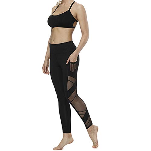 Mallas de Deporte Pilates de Mujer Leggins, Yoga Pantalones de verano de malla for las mujeres con los bolsillos, flexión de la energía de las polainas Medias Danza Deportes activan los pantalones cas