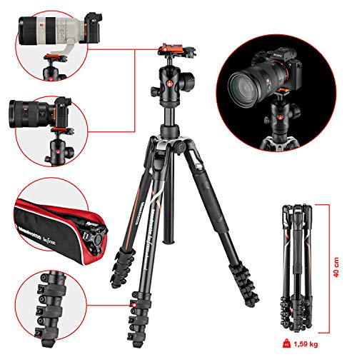 Manfrotto MKBFRLA-BH Befree Advanced - Trípode de Viaje, Bloqueo por Palanca con rótula de Bola y Bolsa para cámaras sin Espejo Sony, DSLR, CSC, Carga máxima 8 kg, Aluminio Ligero, Negro