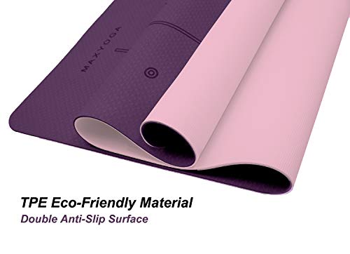 MAXYOGA® Esterilla Yoga de Medida Grande 183cm x 66cm x 6mm y Líneas de Alineación grabadas a Laser Colchoneta Yoga Mat Antideslizante y Ligera de Material Ecológico TPE. Morado