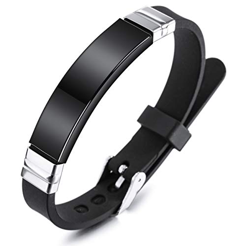 MeMeDIY Nombres De Grabado Personalizados Pulsera De Identificación De Muñeca Deportiva Personalizada para Hombres Mujeres Niños Caucho De Acero Inoxidable Ajustable - (13mm Amplia, Negro Color)