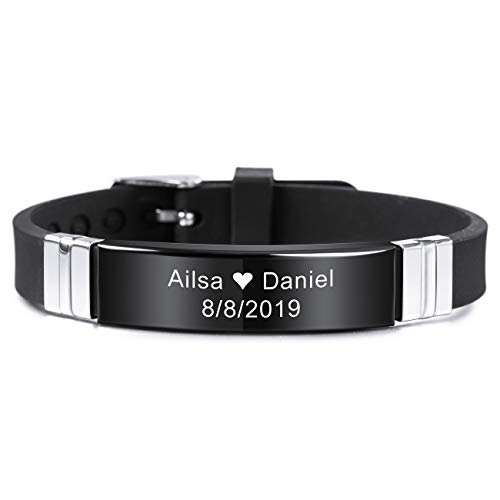 MeMeDIY Nombres De Grabado Personalizados Pulsera De Identificación De Muñeca Deportiva Personalizada para Hombres Mujeres Niños Caucho De Acero Inoxidable Ajustable - (13mm Amplia, Negro Color)