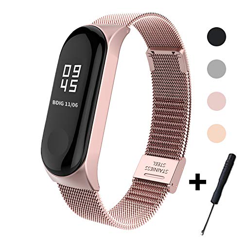 Mi Band 3 Correa de Metal BDIG Pulsera para Xiaomi Mi Band 3 Correa de Acero Inoxidable Agradable (No Host) (Melan Rosa)