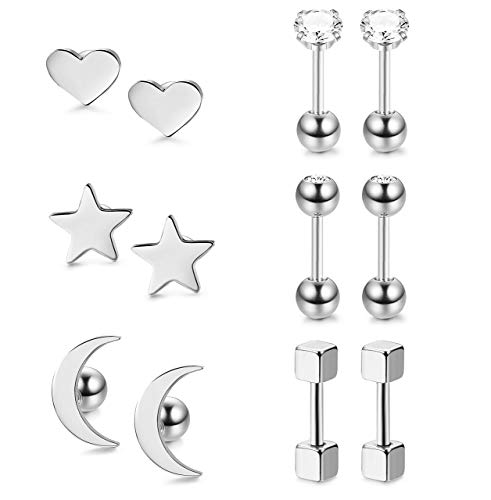 Milacolato 6 pares de pendientes de bola de acero inoxidable para hombres mujeres CZ cartílago Helix Ear Piercing