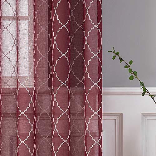 MIULEE 2 Unidades Cortinas Bordado Translucida para Dormitorio Moderno Ventana Visillos Rayas 8 Anillas Dedoración para Salón Cuarto Comedor Sala Habitación Matrimonio 140x260cm Geometría Rojo