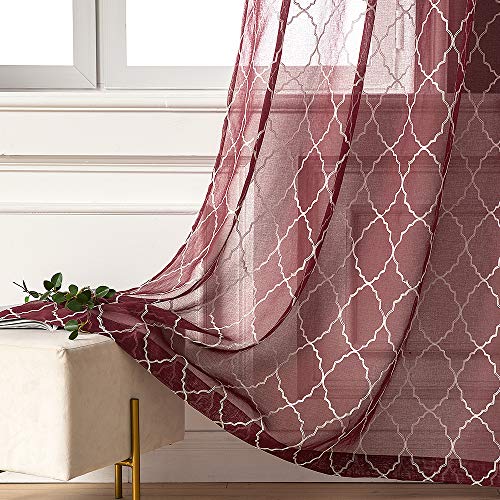 MIULEE 2 Unidades Cortinas Bordado Translucida para Dormitorio Moderno Ventana Visillos Rayas 8 Anillas Dedoración para Salón Cuarto Comedor Sala Habitación Matrimonio 140x260cm Geometría Rojo