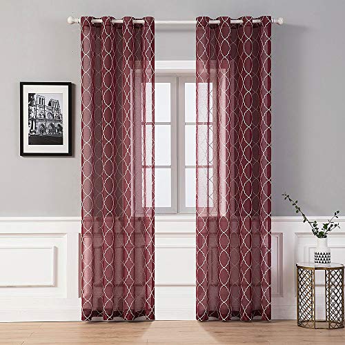 MIULEE 2 Unidades Cortinas Bordado Translucida para Dormitorio Moderno Ventana Visillos Rayas 8 Anillas Dedoración para Salón Cuarto Comedor Sala Habitación Matrimonio 140x260cm Geometría Rojo