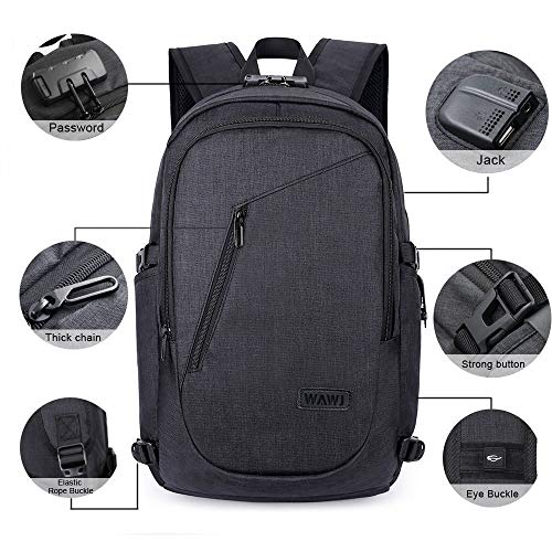 Mochila antirrobo Impermeable, WAWJ Mochila para portátil Multiusos Daypacks con Puerto de Carga USB (Negro)