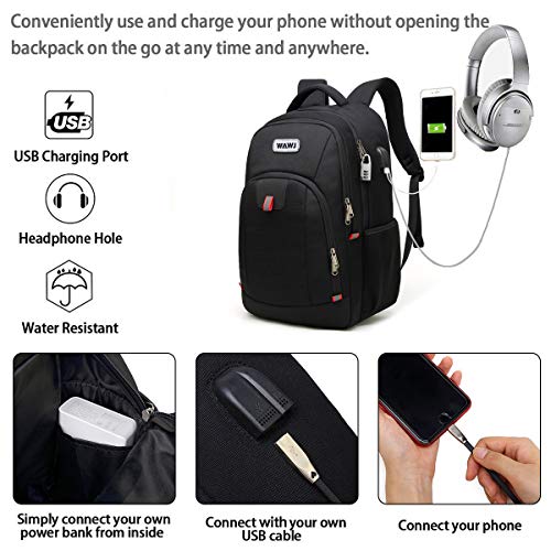 Mochila Hombre con Puerto de USB, WAWJ 17 Pulgadas Mochila de Portátil Impermeable Antirrobo Negro Mochila Escolares