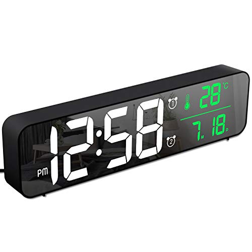 MOSUO Reloj Despertador Digital, Reloj de Pared con Temperatura Tiempo Fecha, 10" Gran Pantalla LED Espejo Reloj Digital con 2 Alarma 40 Música 6 Niveles de Brillo USB Puerto, Negro