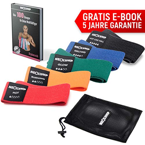 NEOLYMP Banda DE Fitness Premium para lOS Profesionales + GARANTÍA de 5 años, Banda ELÁSTICA, Banda Entrenamiento para Pilates de 5 (Azul/Verde/Naranja/Rojo/Negro