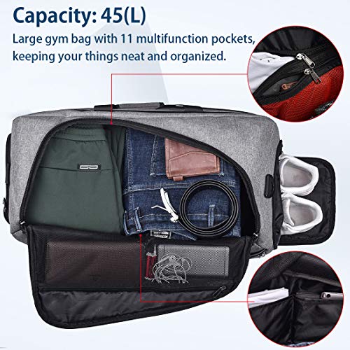 NUBILY Bolsa de Deporte Hombre Bolsas Gimnasio Mujer de Grande Viaje Impermeable con Compartimento para Zapatos Bolsos Deportivos Bolsa Fin de Semana Travel Duffle Bag para Hombres 45l Gris