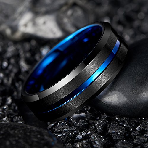 NUNCAD Anillo Hombre Mujere Unisexo Tungsteno Exterior Negro + Azul 8 mm Anillo Simple para Boda Compromiso Talla (22.5)