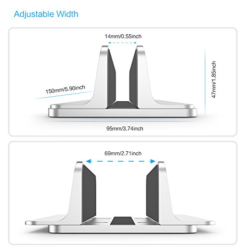 OMOTON Soporte Laptop, Atapta a Macbook Pro/Air, Huawei, DELL, Otras Portátiles y Netbooks, Vertical Soporte para Ordenador de Aluminio con Base Ajustable, Plata.