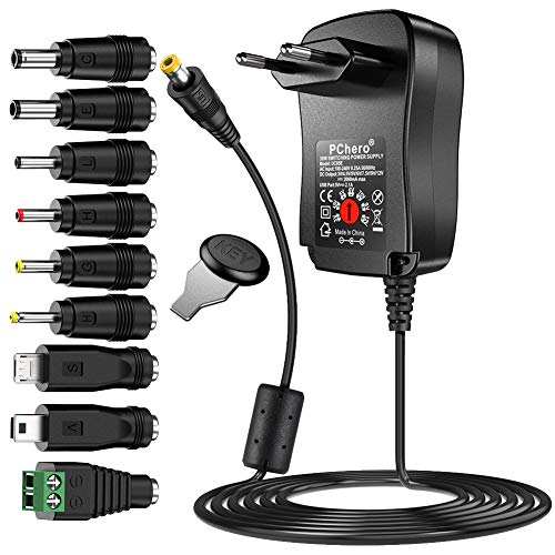 PChero 30W Fuente de Alimentación Universal de AC DC 3V / 4,5V / 5V / 6V / 7,5V / 9V / 12V, con 9pcs Adaptador de Punta de DC y Ranura USB - 2000mA