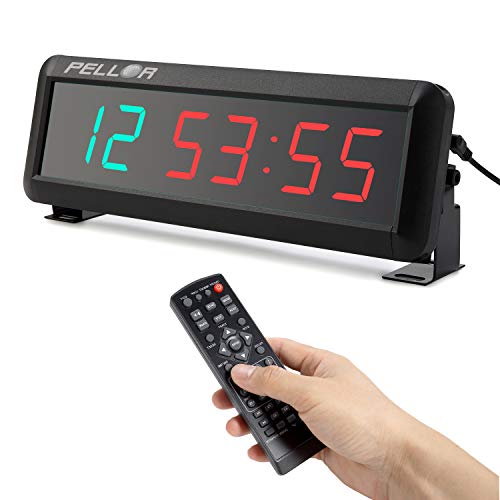 PELLOR Temporizador con Pantalla LED, Reloj de Pared 4/6 Dígitos LED Temporizador de Intervalos, Reloj en Tiempo Real de 12/24 Horas, Gym Temporizador con Mando a Distancia (Volumen Ajustable)