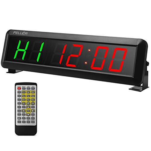 PELLOR Temporizador con Pantalla LED, Reloj de Pared 6 Dígitos LED Temporizador de Intervalos, Reloj en Tiempo Real de 12/24 Horas, Gym Temporizador con Mando a Distancia por Infrarrojos