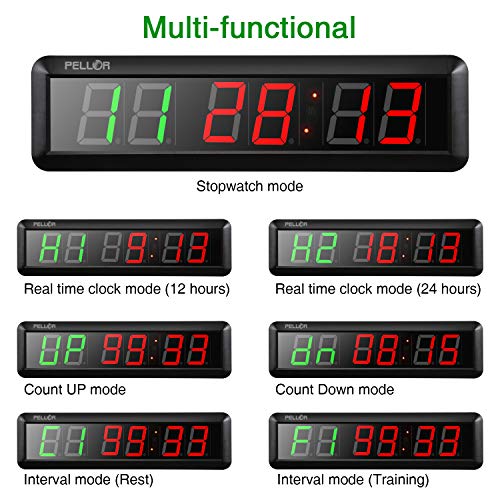 PELLOR Temporizador con Pantalla LED, Reloj de Pared 6 Dígitos LED Temporizador de Intervalos, Reloj en Tiempo Real de 12/24 Horas, Gym Temporizador con Mando a Distancia por Infrarrojos