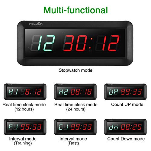 PELLOR Temporizador con Pantalla LED, Reloj de Pared 6Dígitos LED Temporizador de Intervalos, Reloj en Tiempo Real de 12/24 Horas, Gym Temporizador con Mando a Distancia por Infrarrojos