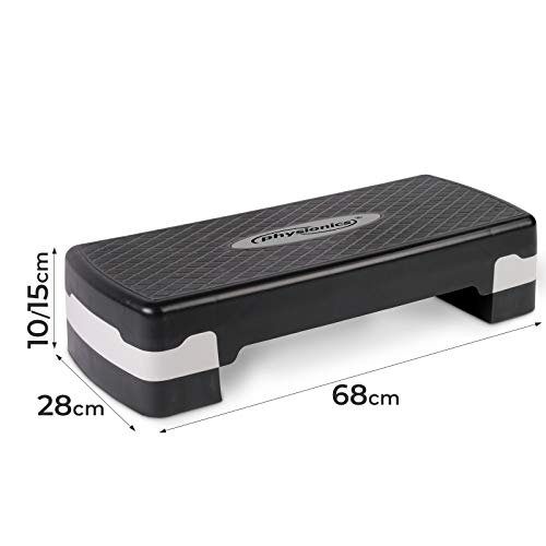 Physionics Step Fitness - 2 Niveles, Altura Regulable de 10 hasta 15 cm, Superficie de Goma Antideslizante, Carga 200 kg - Plataforma Aeróbica, Banco Step