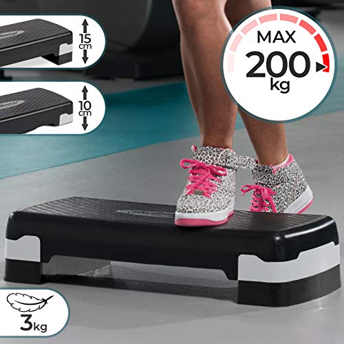 Physionics Step Fitness - 2 Niveles, Altura Regulable de 10 hasta 15 cm, Superficie de Goma Antideslizante, Carga 200 kg - Plataforma Aeróbica, Banco Step