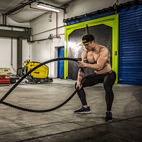 POWRX Battle Rope 15M x 38 mm - Cuerda de Batalla Ideal para »Functional Fitness« - Mangos Antideslizantes + PDF Workout (Rojo)