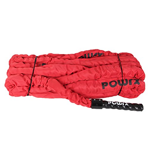 POWRX Battle Rope 15M x 38 mm - Cuerda de Batalla Ideal para »Functional Fitness« - Mangos Antideslizantes + PDF Workout (Rojo)