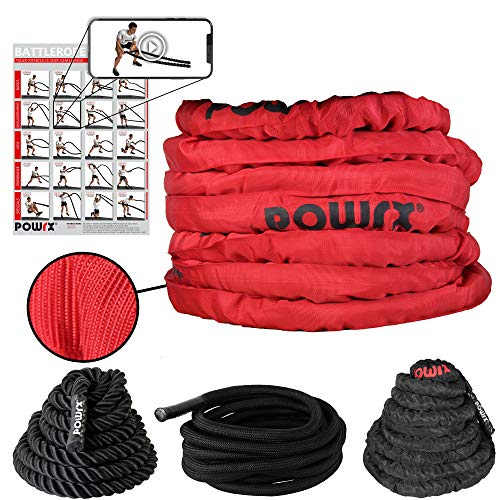 POWRX Battle Rope 15M x 38 mm - Cuerda de Batalla Ideal para »Functional Fitness« - Mangos Antideslizantes + PDF Workout (Rojo)