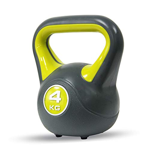 POWRX - Kettlebell de hormigón 2-20 kg - Pesa Rusa con Revestimiento de Vinilo - Base con Goma Antideslizante + PDF Workout (4 kg/Amarillo)