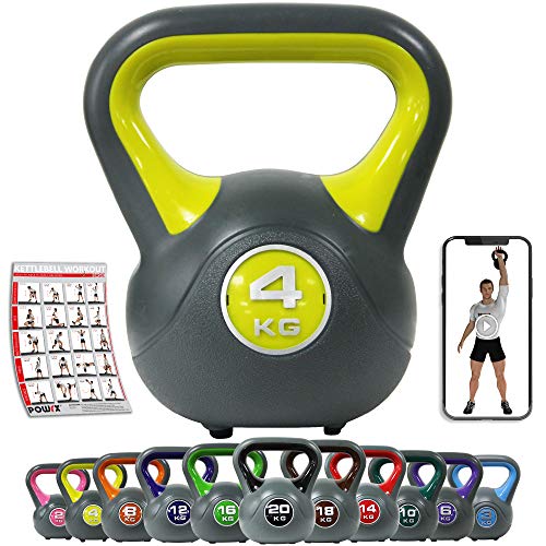 POWRX - Kettlebell de hormigón 2-20 kg - Pesa Rusa con Revestimiento de Vinilo - Base con Goma Antideslizante + PDF Workout (4 kg/Amarillo)