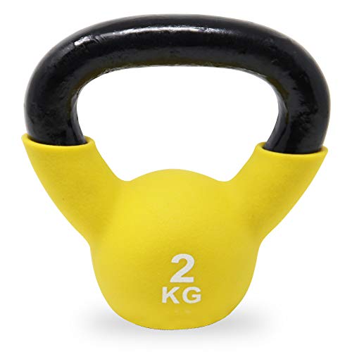 POWRX Kettlebell Hierro Fundido 2 kg - Pesa Rusa con Revestimiento de Neopreno + PDF Workout (Amarillo)