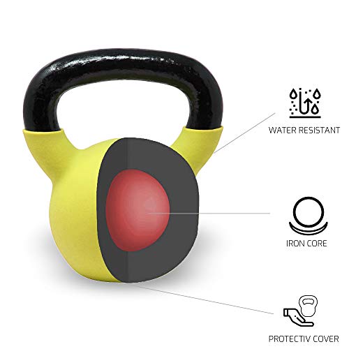 POWRX Kettlebell Hierro Fundido 2 kg - Pesa Rusa con Revestimiento de Neopreno + PDF Workout (Amarillo)