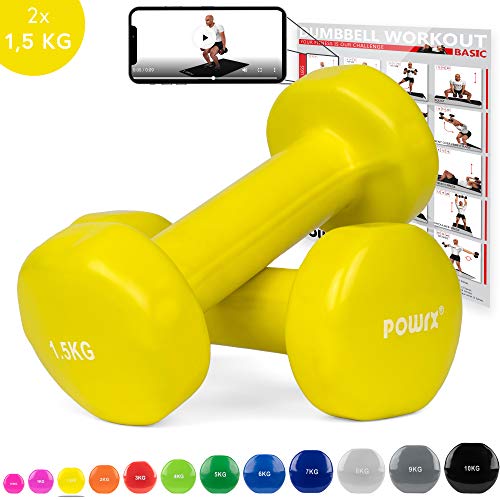 POWRX Mancuernas Vinilo 3 kg Set (2 x 1,5 kg) + PDF Workout (Amarillo)