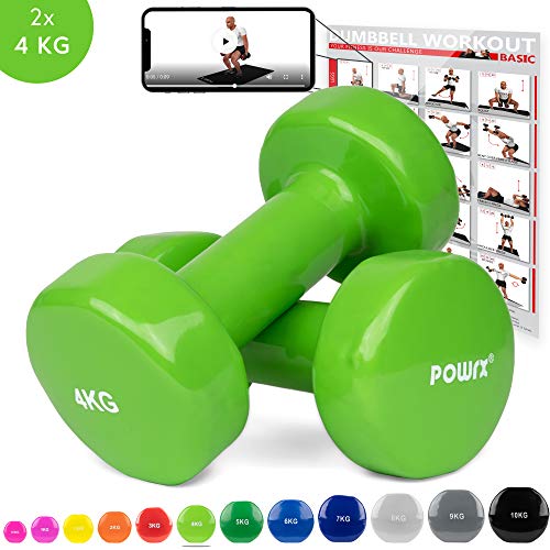 POWRX Mancuernas Vinilo 8 kg Set (2 x 4 kg) + PDF Workout (Verde Claro)