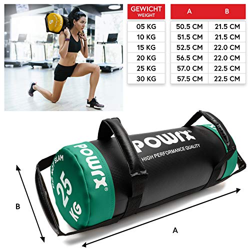 POWRX Sandbag 25 kg - Perfecta para mejorar equilibrio, fuerza y coordinación - Power bag con cuatro agarres + PDF workout (Verde)